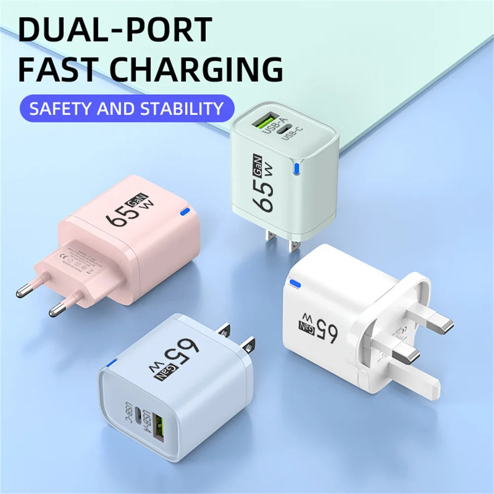 GaN 65W USB Charger USB Type C Fast Charging Mobile Phone Power Adapter QC3.0 Travel Charger EU/US/UK For iPhone Samsung Xiaomi