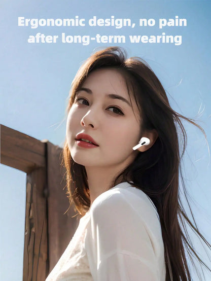 Sleek white wireless bluetooth earbuds resting beside their matching compact charging case on a clean surface
