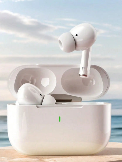 Sleek white wireless bluetooth earbuds resting beside their matching compact charging case on a clean surface
