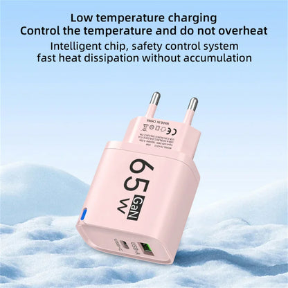 GaN 65W USB Charger USB Type C Fast Charging Mobile Phone Power Adapter QC3.0 Travel Charger EU/US/UK For iPhone Samsung Xiaomi