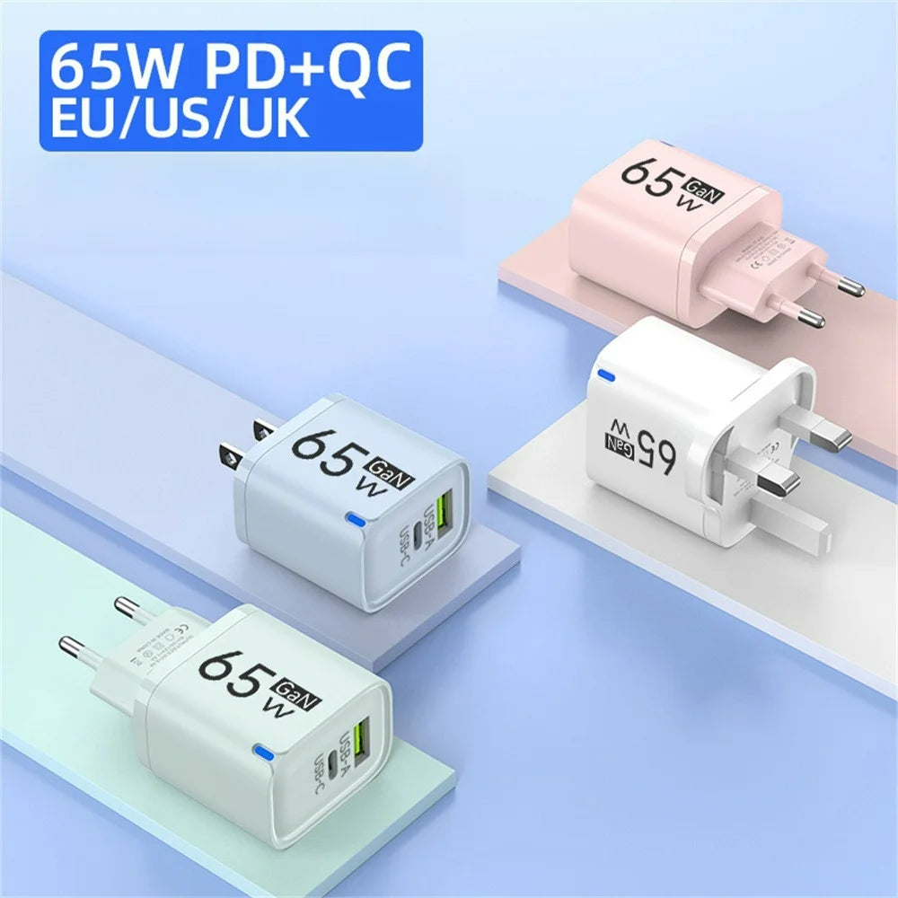 GaN 65W USB Charger USB Type C Fast Charging Mobile Phone Power Adapter QC3.0 Travel Charger EU/US/UK For iPhone Samsung Xiaomi