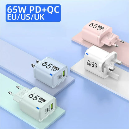 GaN 65W USB Charger USB Type C Fast Charging Mobile Phone Power Adapter QC3.0 Travel Charger EU/US/UK For iPhone Samsung Xiaomi