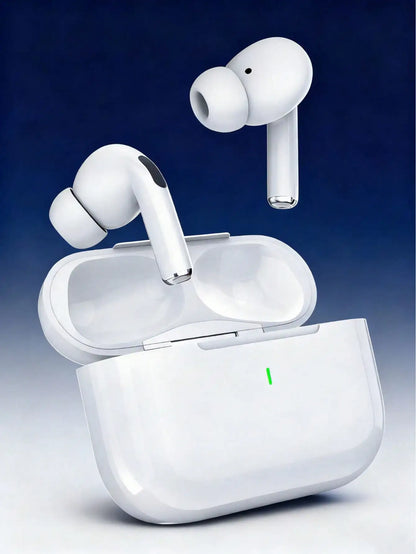 Sleek white wireless bluetooth earbuds resting beside their matching compact charging case on a clean surface
