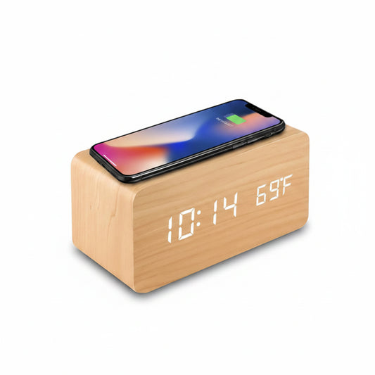 Wooden Digital Alarm Clock with Wireless Charging, LED Clock with Time, Date,Temperature, Desk Clocks for Office,Bedside Clock