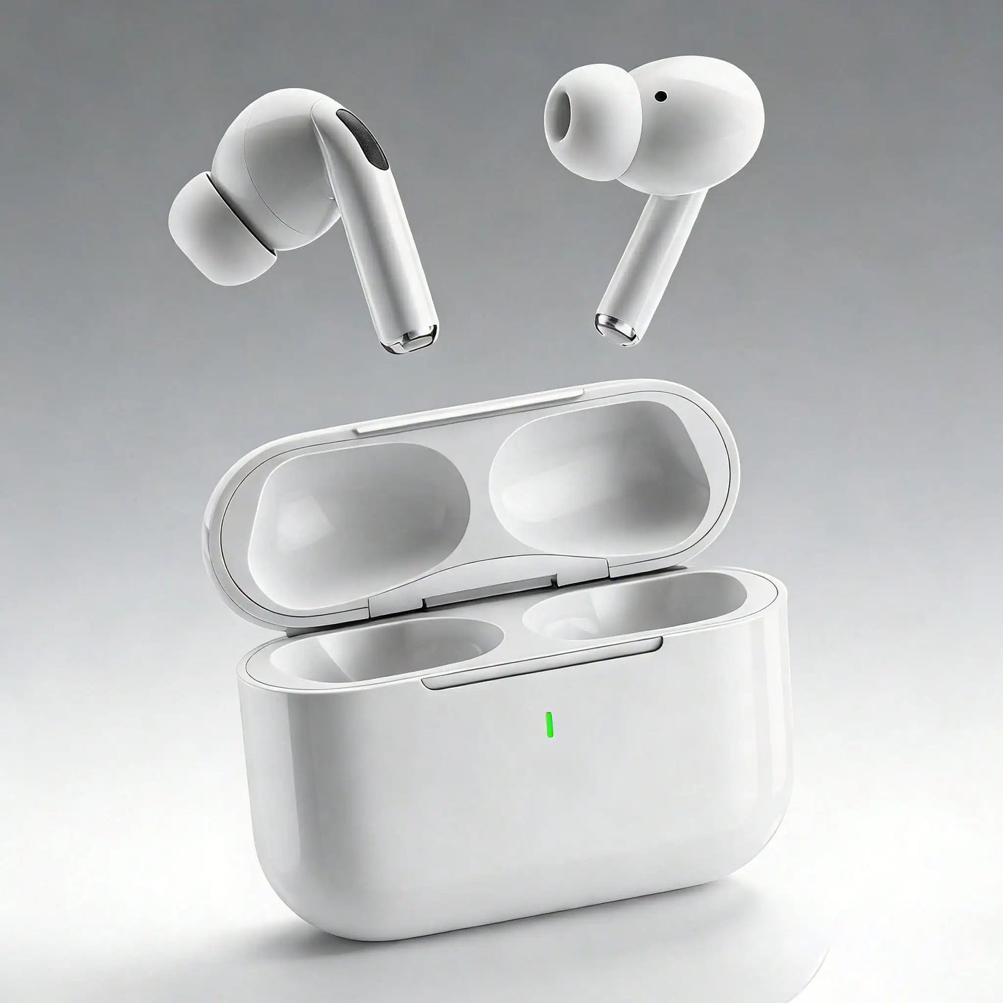 Sleek white wireless bluetooth earbuds resting beside their matching compact charging case on a clean surface