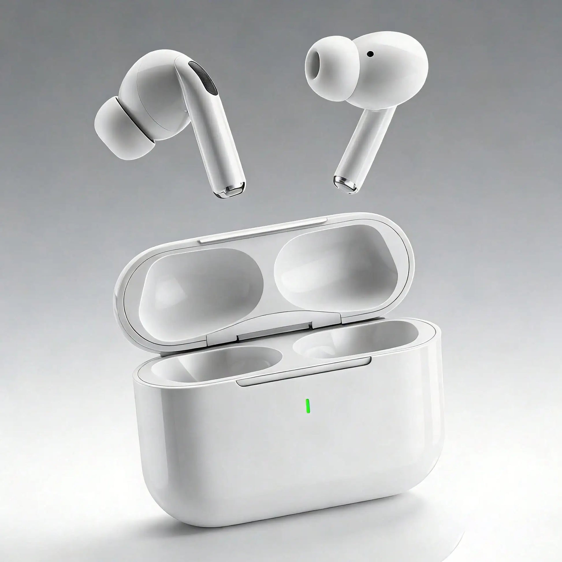 Sleek white wireless bluetooth earbuds resting beside their matching compact charging case on a clean surface