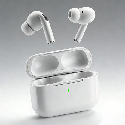 Sleek white wireless bluetooth earbuds resting beside their matching compact charging case on a clean surface