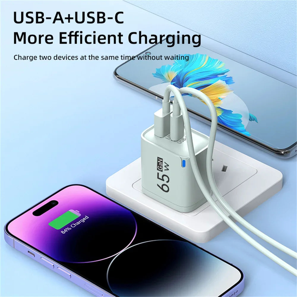 GaN 65W USB Charger USB Type C Fast Charging Mobile Phone Power Adapter QC3.0 Travel Charger EU/US/UK For iPhone Samsung Xiaomi
