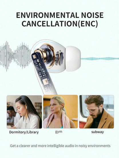 Sleek white wireless bluetooth earbuds resting beside their matching compact charging case on a clean surface