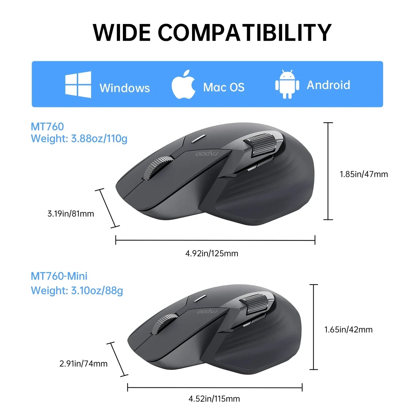 MT760/MT760Mini Multi-mode Rechargeable Wireless Bluetooth Mouse Ergonomic 4000 DPI Support Up to 4 Devices Office Mice